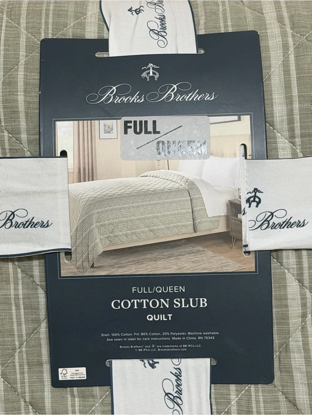 Brooks Brothers Cotton Slub Quilt in Green and Whote with Stripe